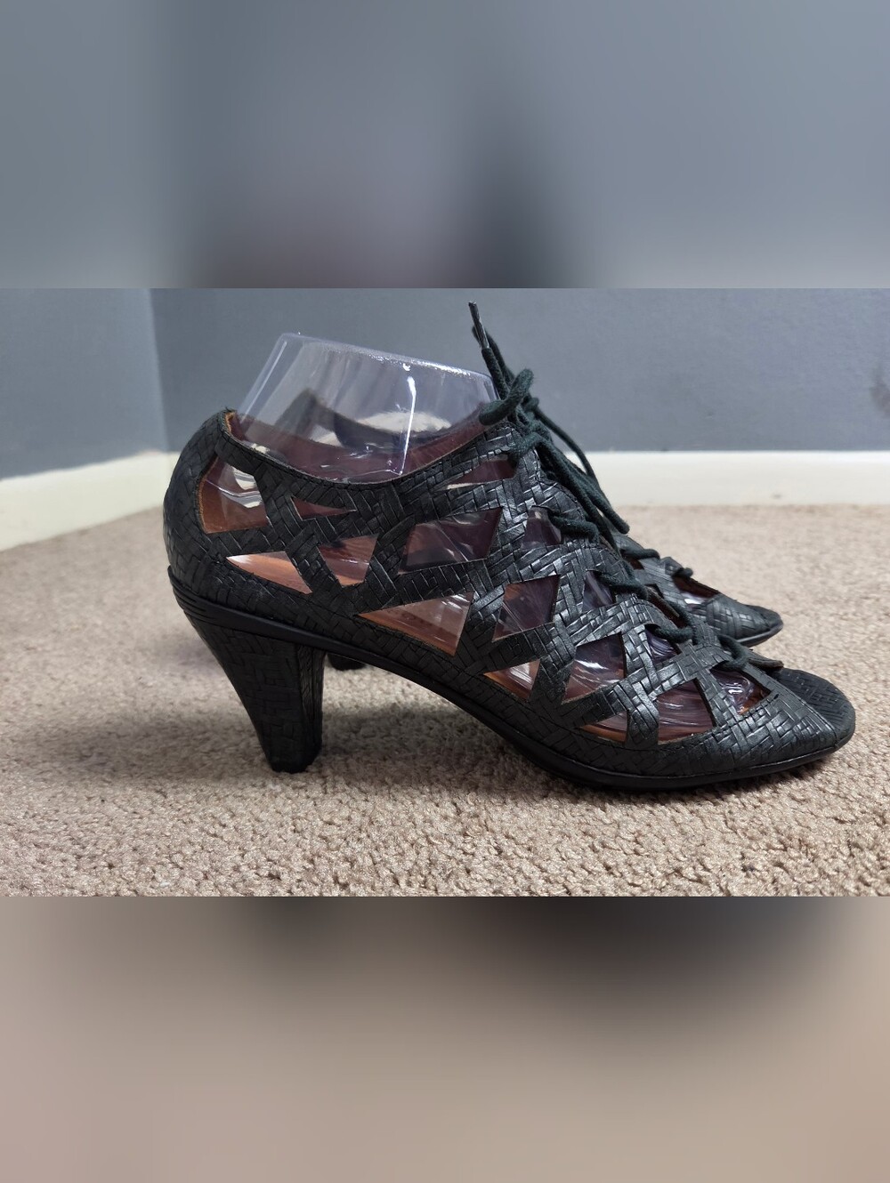 Women's Black Woven Lace-Up Heel - Stylish Cutout Design
